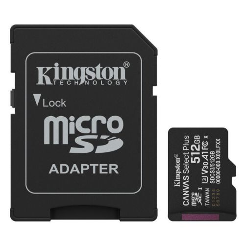 Kingston 512GB Canvas Select Plus Gen3 MicroSDXC Card with SD Adapter, UHS-I Class 10, U3, V30, A1 App Performance, 150MB/s Kingston 512GB Canvas Select Plus Gen3 MicroSDXC Card with SD Adapter, UHS-I Class 10, U3, V30, A1 App Performance, 150MB/s
